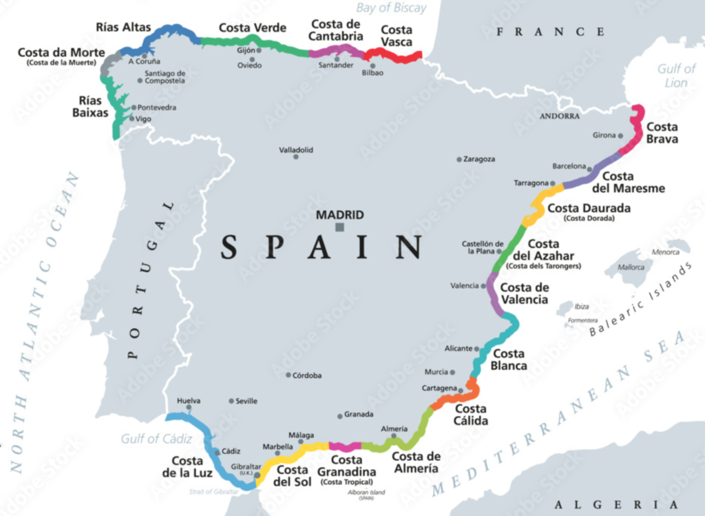 A map of Spain with the Costa Blanca marked on it.