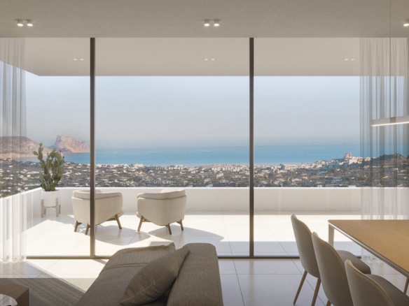 The elegance of a Puerto Azul apartment, with spacious living room and terrace. Designed by honored architects for their sustainable approach.